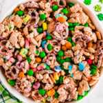 overhead view of leprechaun bait Chex mix in white bowl