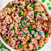 overhead view of leprechaun bait Chex mix in white bowl