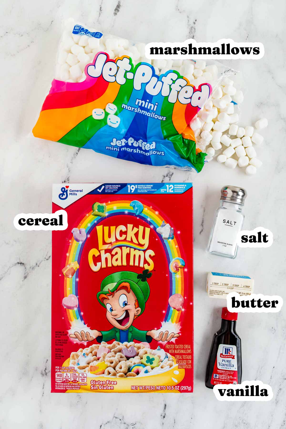 overhead view of ingredients to make lucky charms bars with text labels