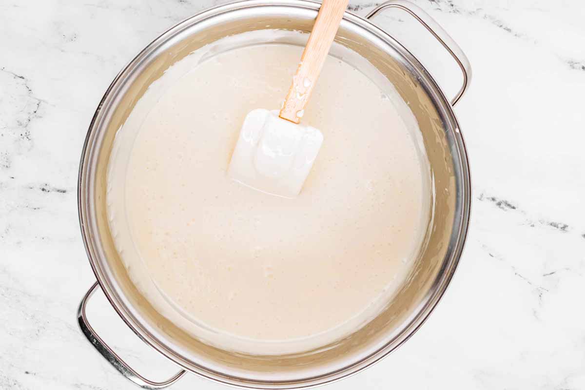 overhead view of melted marshmallows in pan