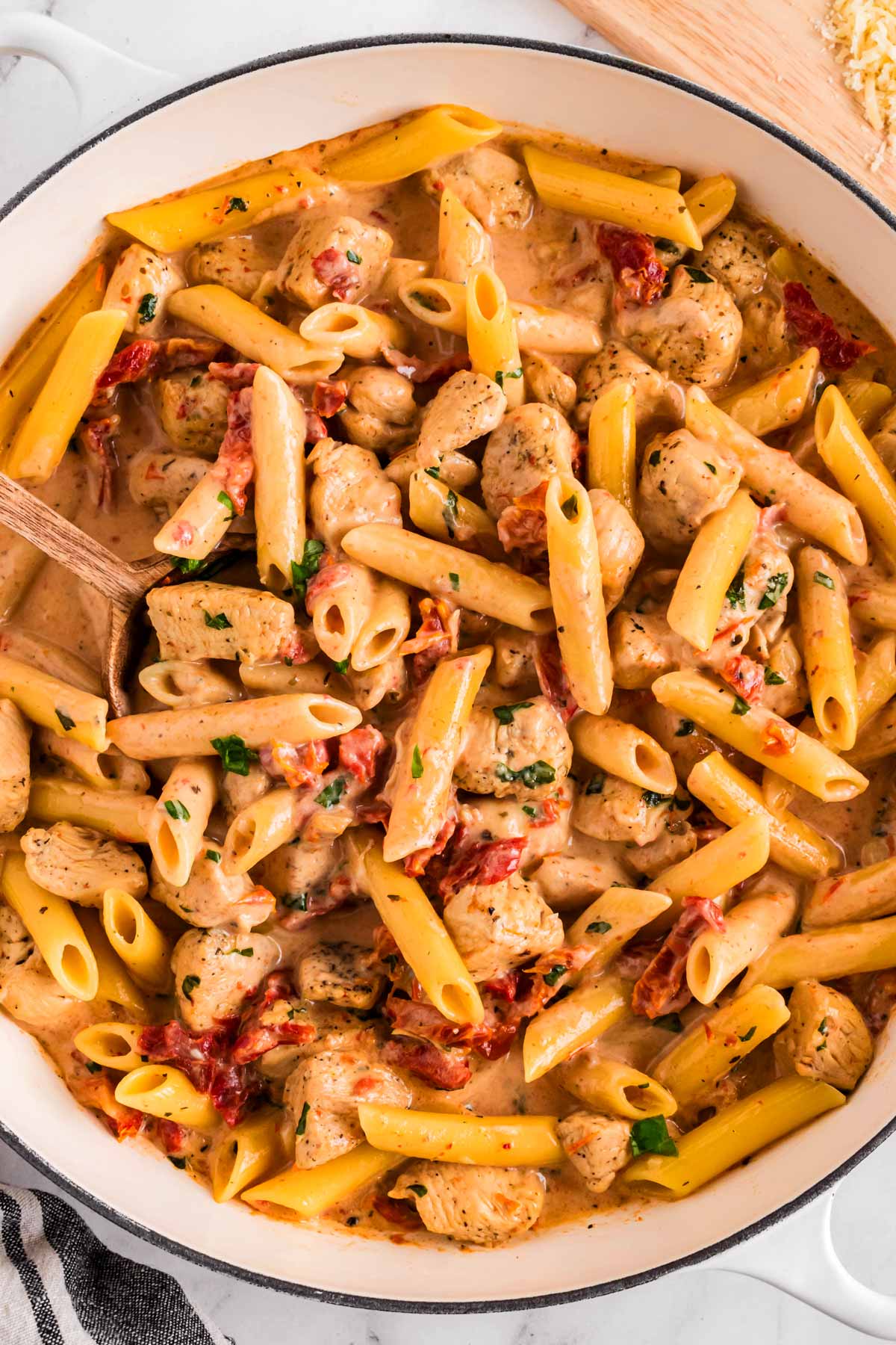 overhead view of marry me chicken pasta in pot