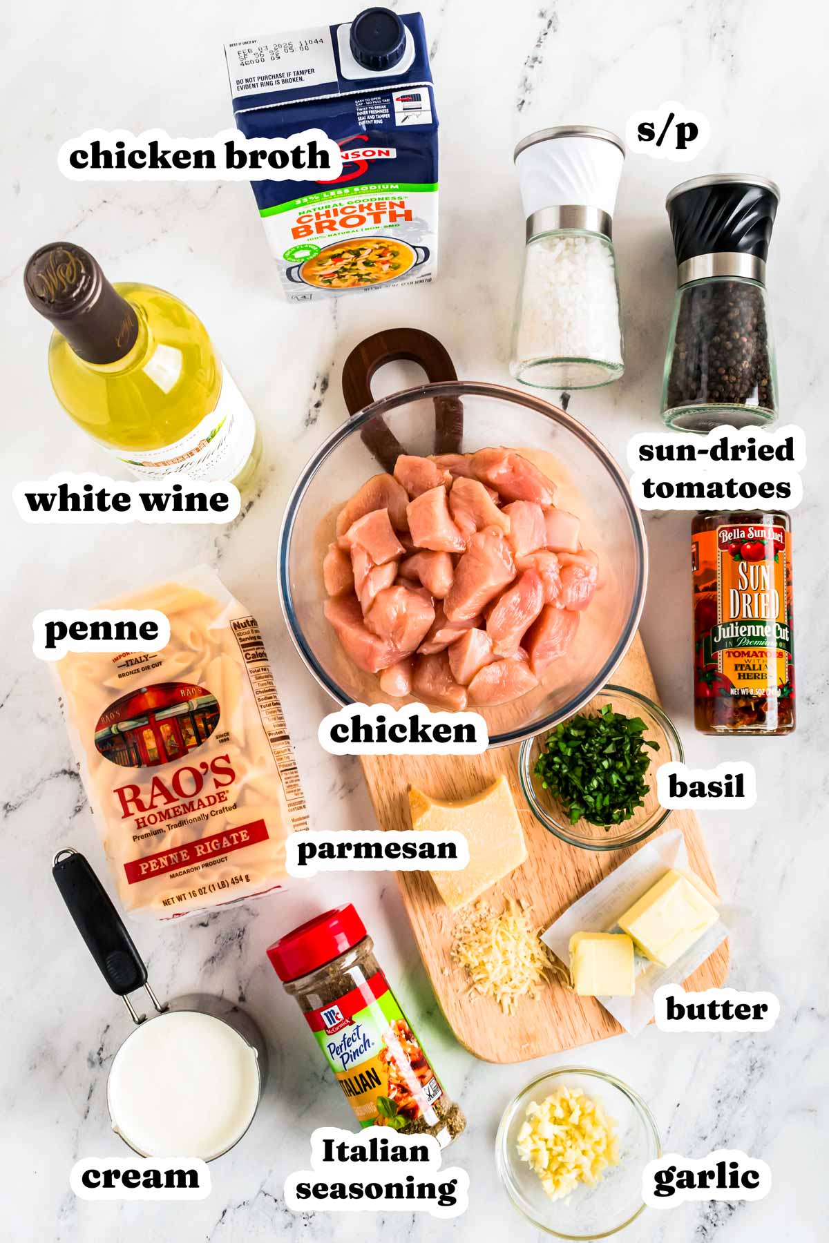 overhead view of ingredients to make marry me chicken pasta with text labels