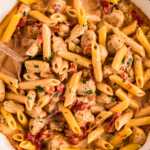 overhead view of marry me chicken pasta in pot