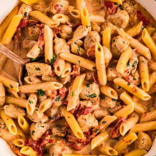 overhead view of marry me chicken pasta in pot