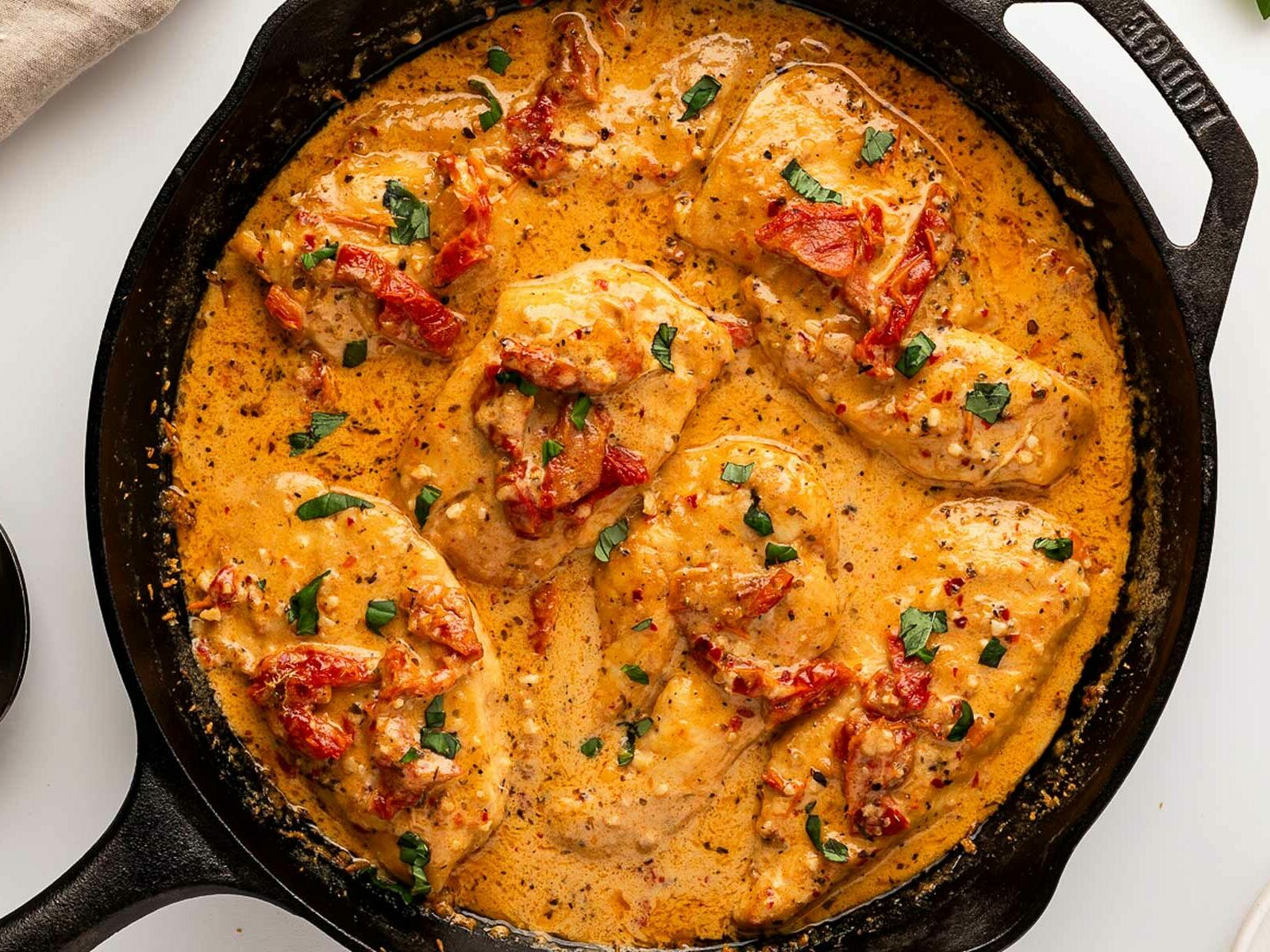 overhead view of finished marry me chicken in skillet ready to serve