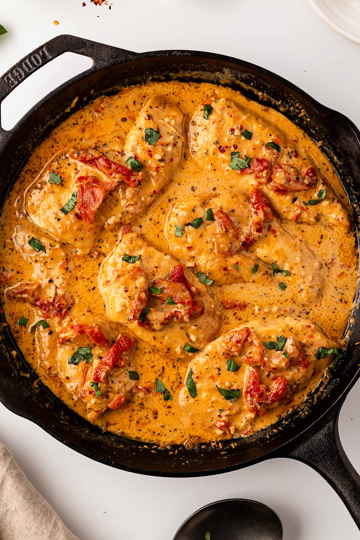 overhead view of finished marry me chicken in skillet ready to serve