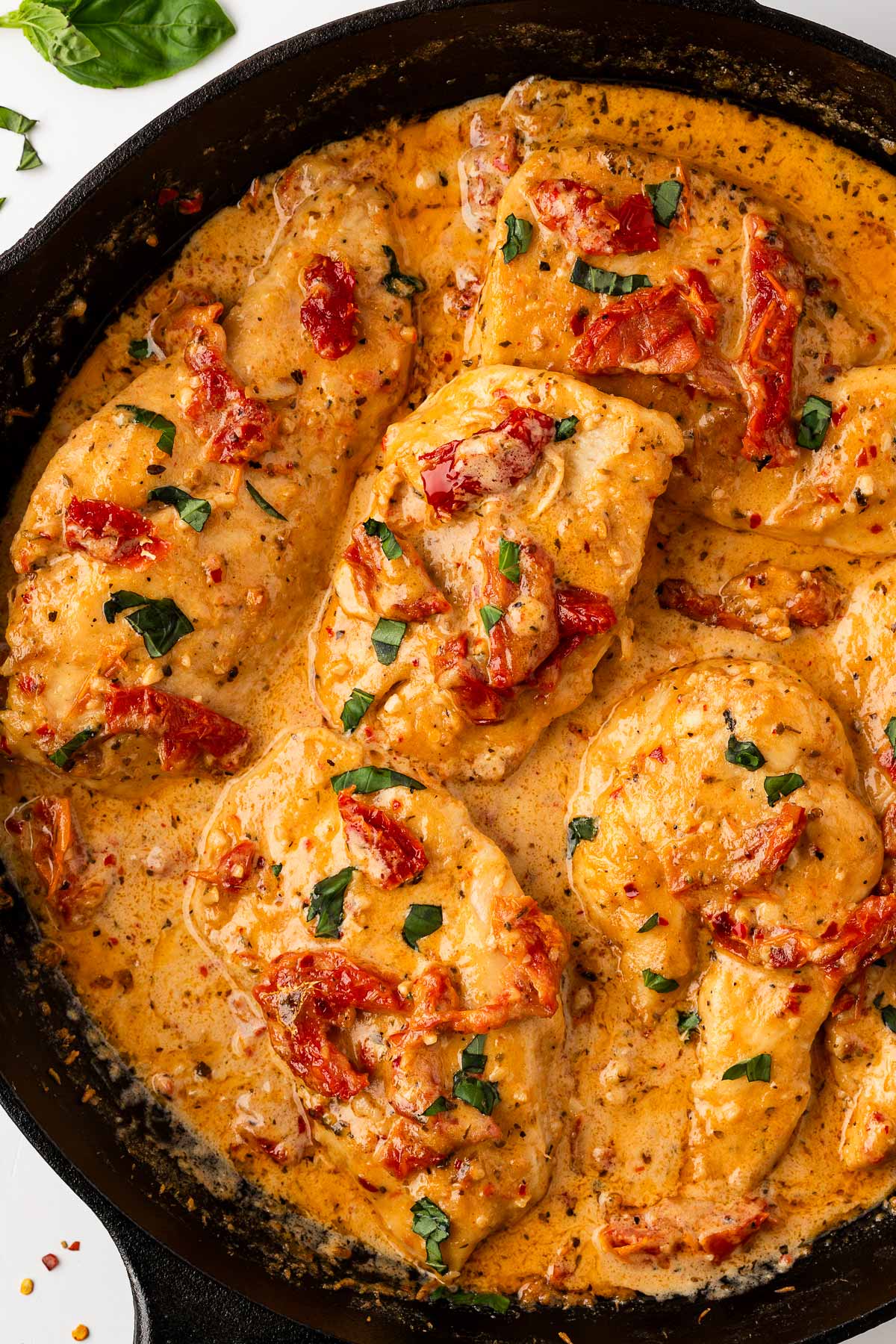 overhead close up view of skillet filled with marry me chicken