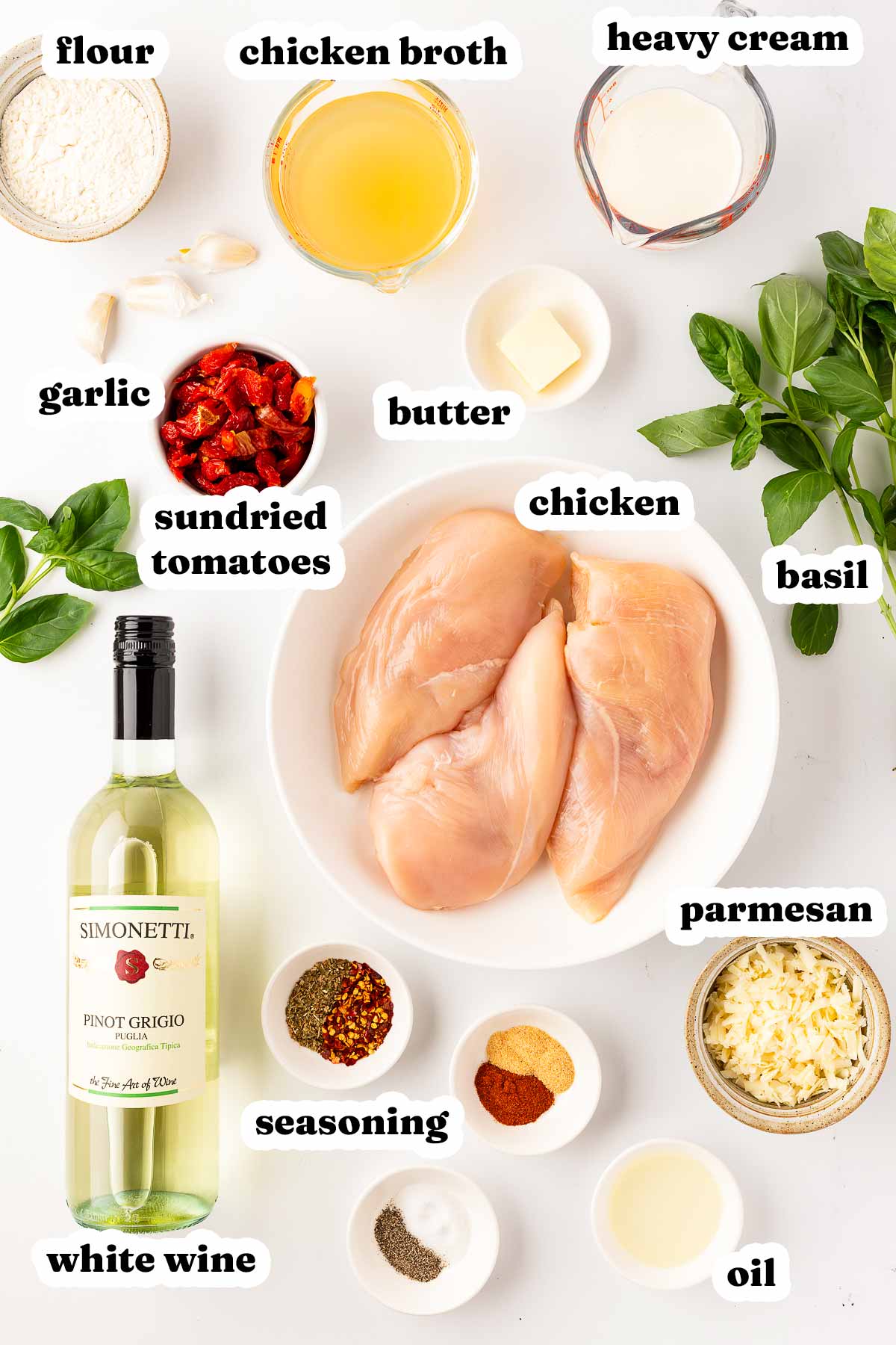 overhead view of ingredients to make marry me chicken with text labels