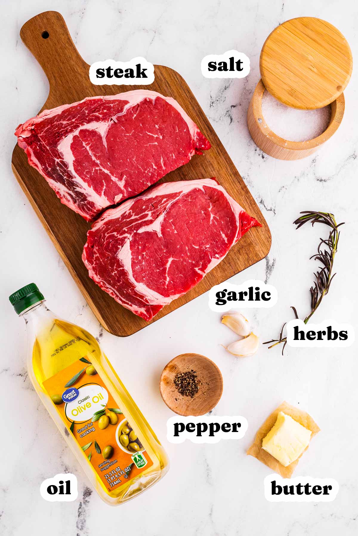 overhead view of ingredients to make pan seared steak with text labels