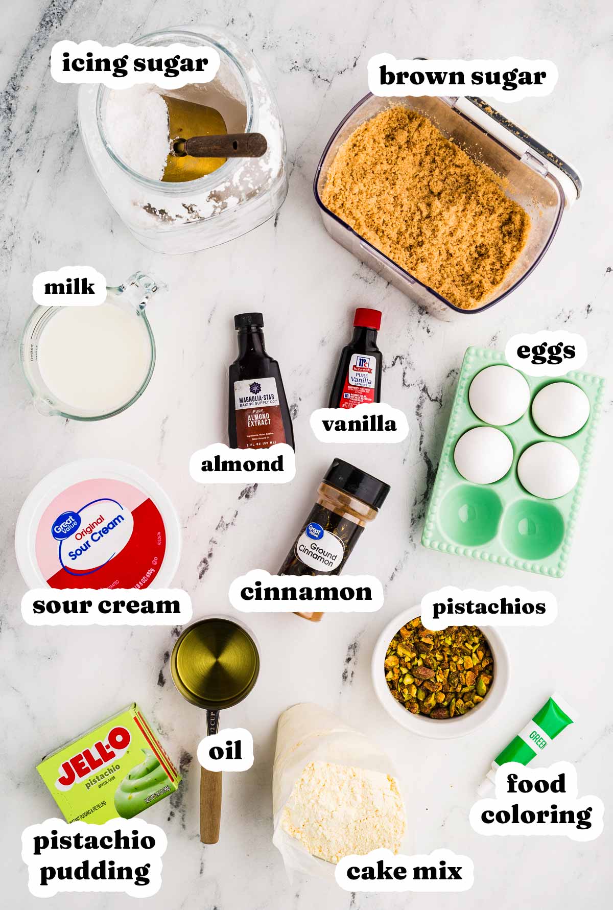 overhead view of ingredients to make pistachio bread with text labels