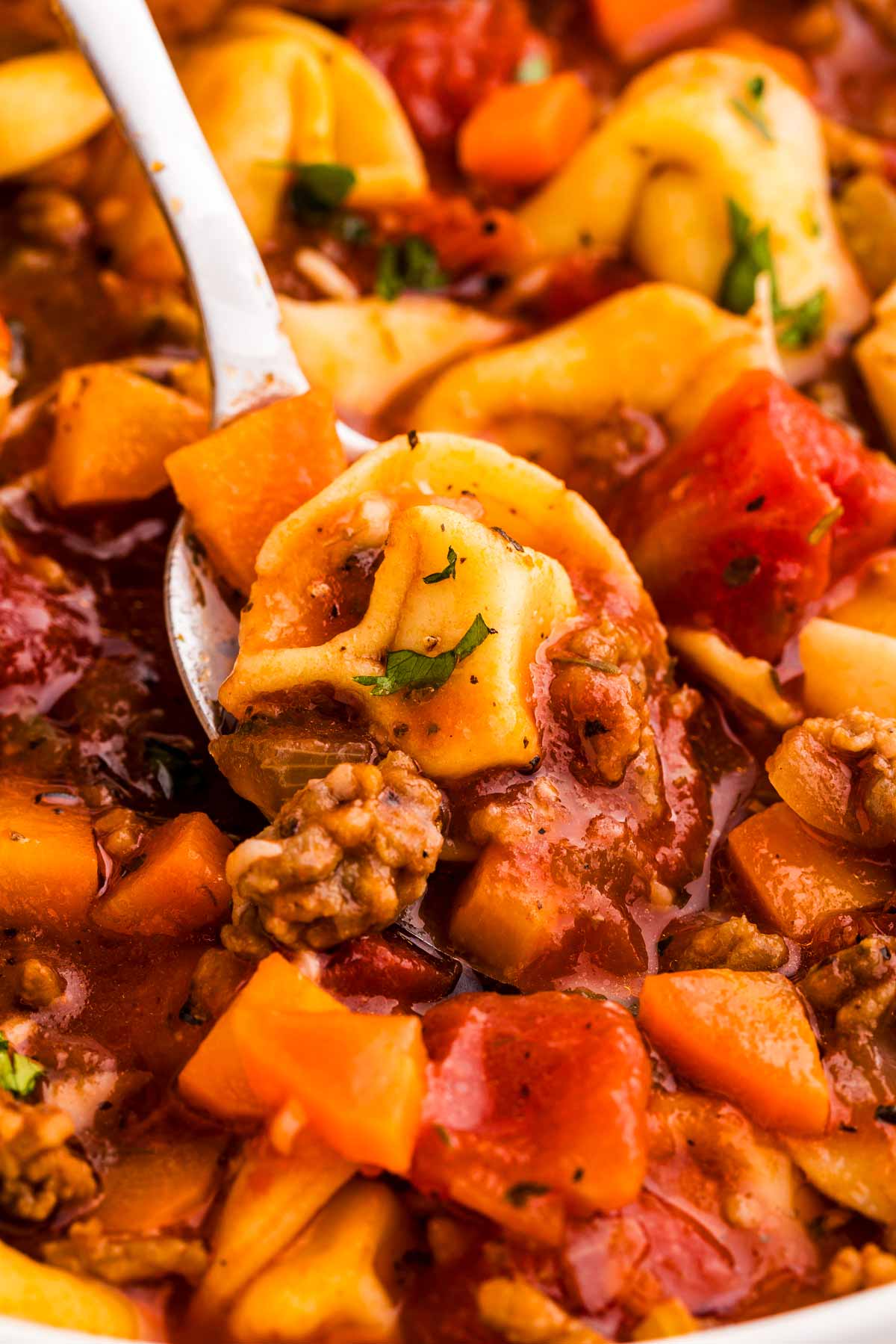 frontal close up view of tortellini soup on spoon