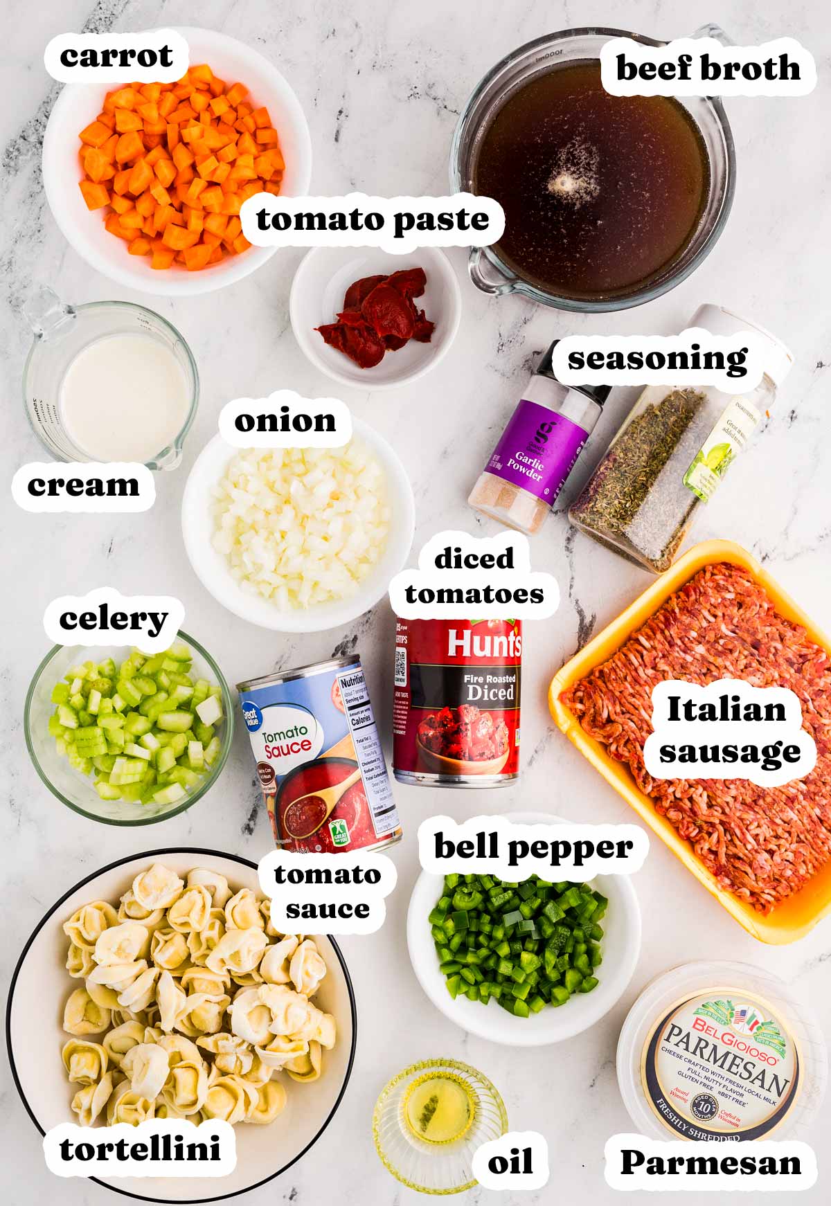 overhead view of ingredients to make sausage tortellini soup with text labels