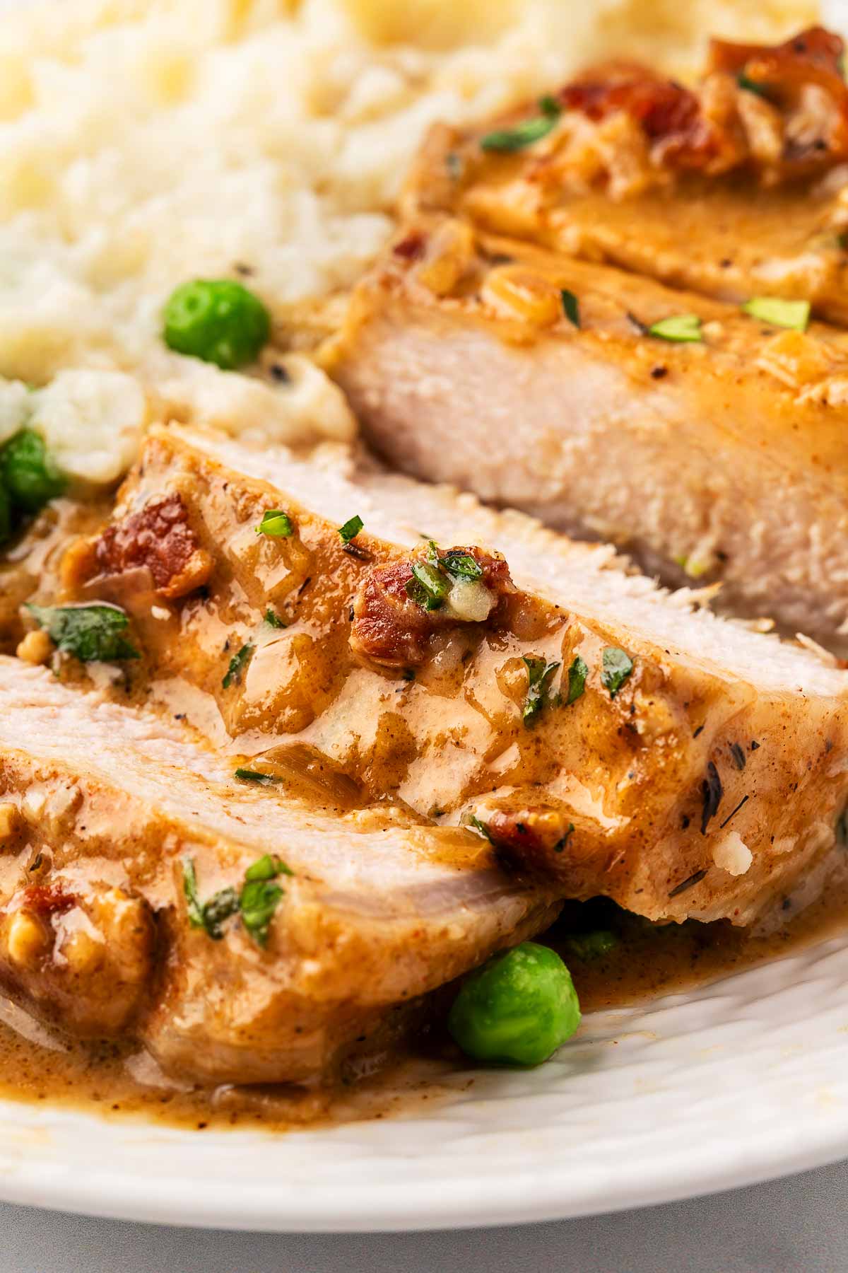 frontal view of sliced pork chop