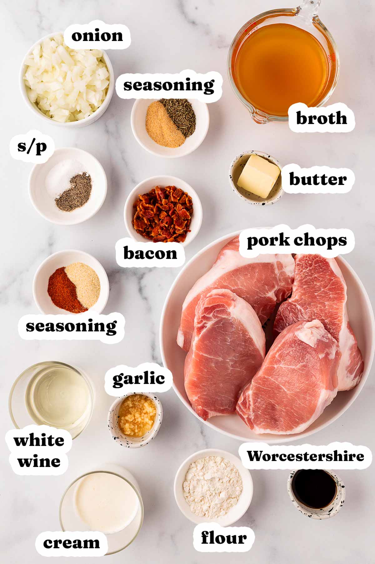 overhead view of ingredients to make smothered pork chops with text labels