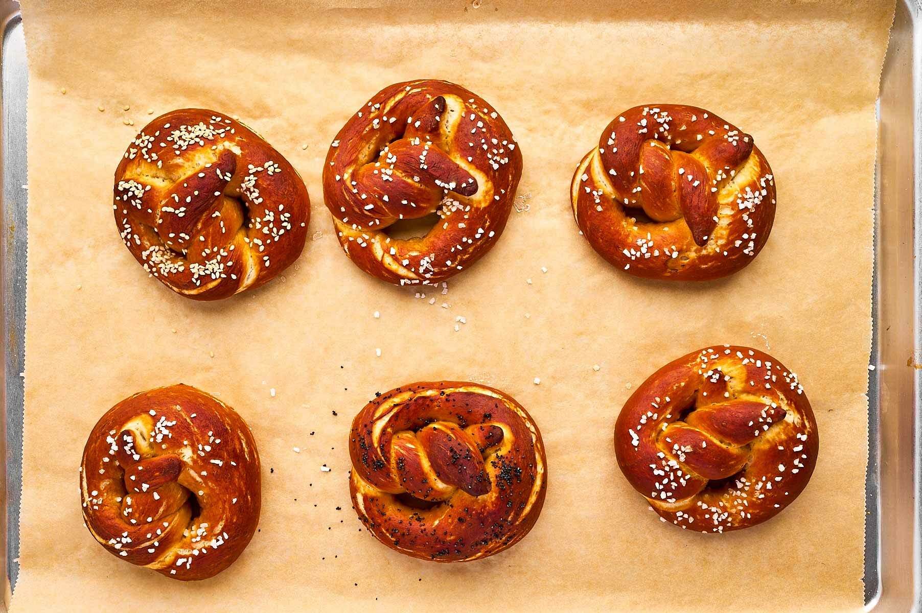 overhead view of baked pretzels on baking sheet