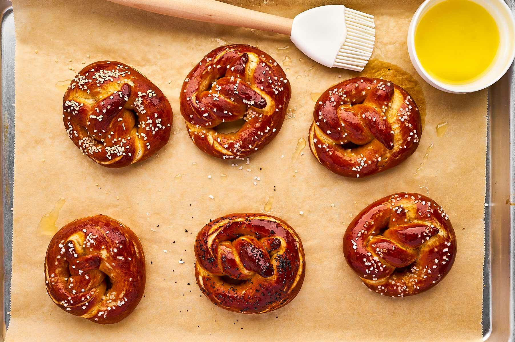 overhead view of soft pretzels brushed with melted butter