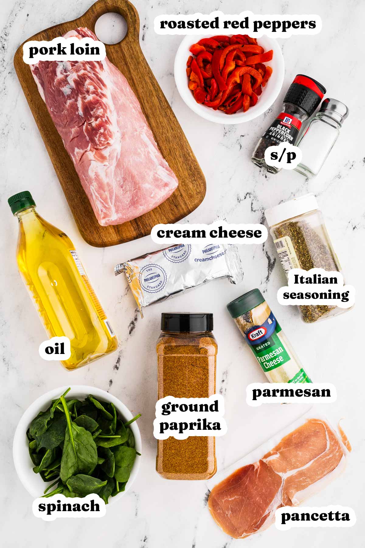 overhead view of ingredients to make stuffed pork loin with text labels