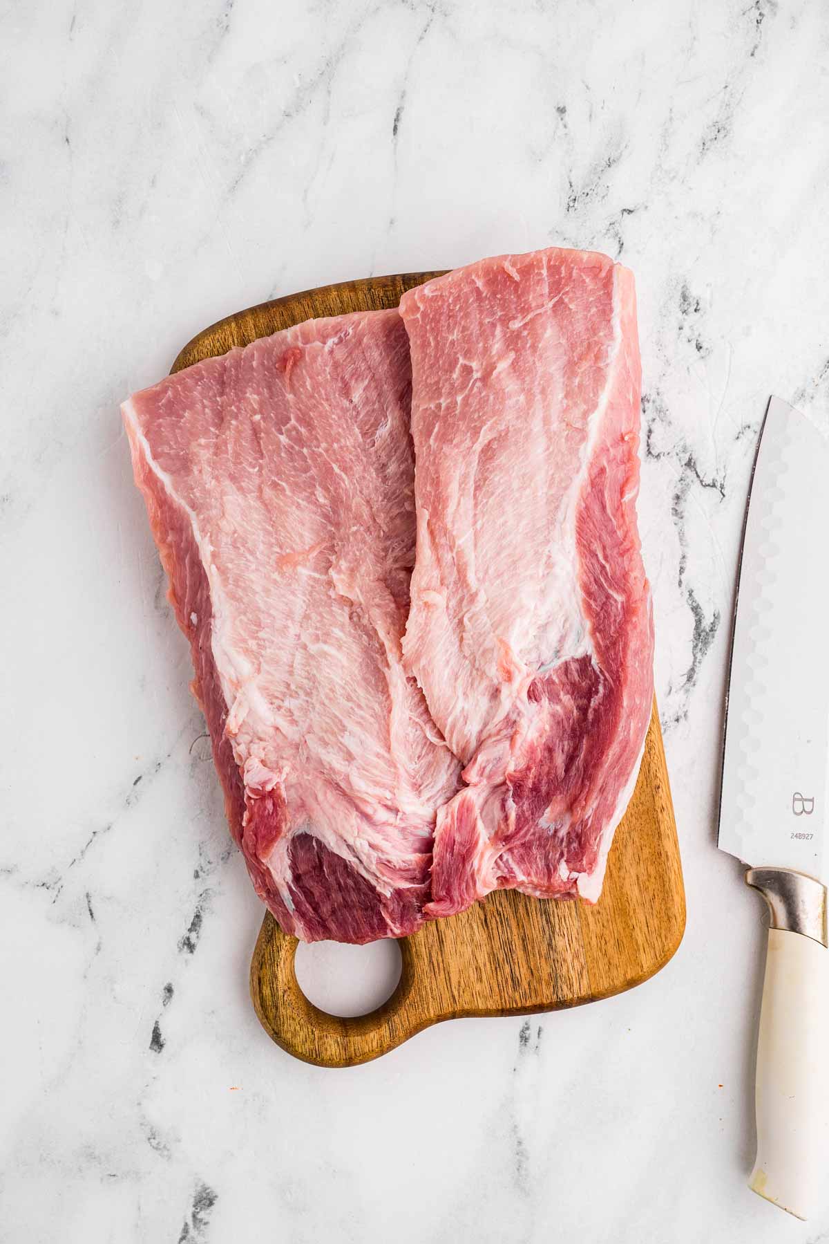 overhead view of half butterflied pork loin