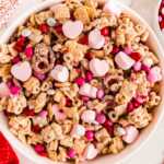 overhead view of valentine's treat mix in a white bowl