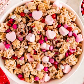 overhead view of valentine's treat mix in a white bowl