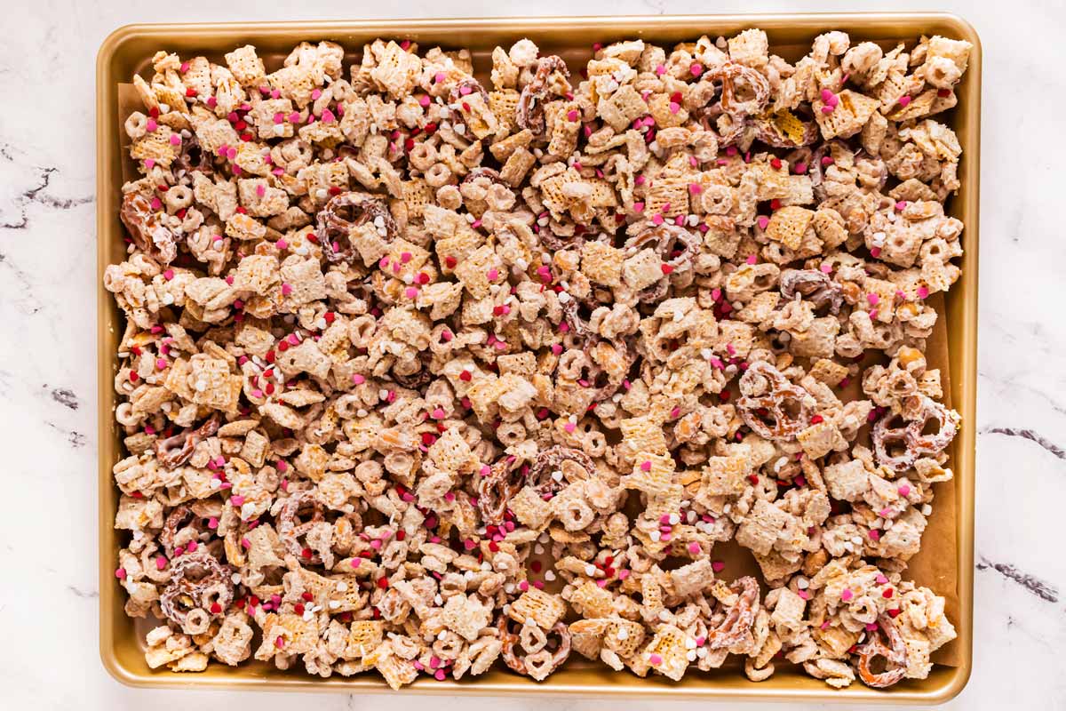 overhead view of cupid's crunch on sheet pan