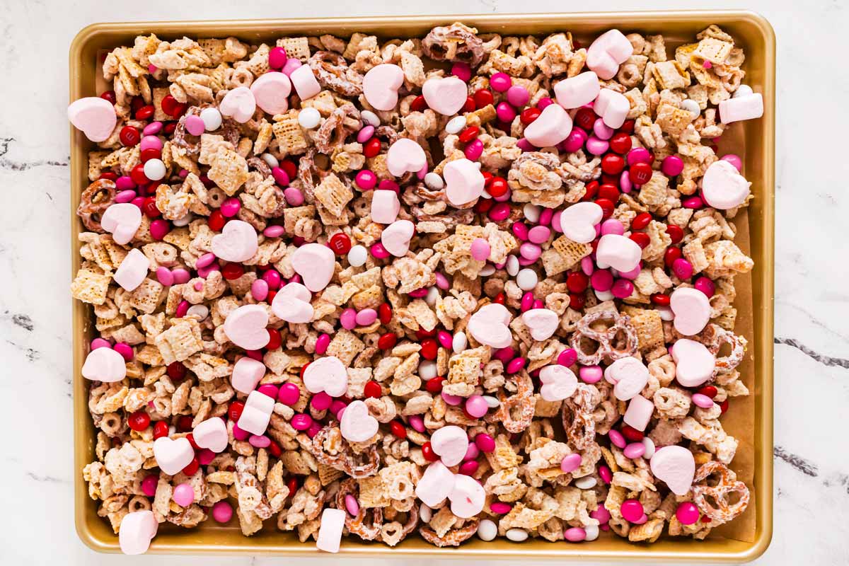 overhead view of set valentine's treat mix topped with mini marshmallows