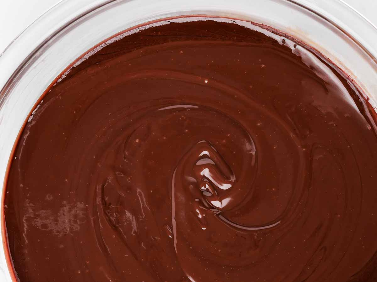 overhead view of cooled ganache in glass bowl