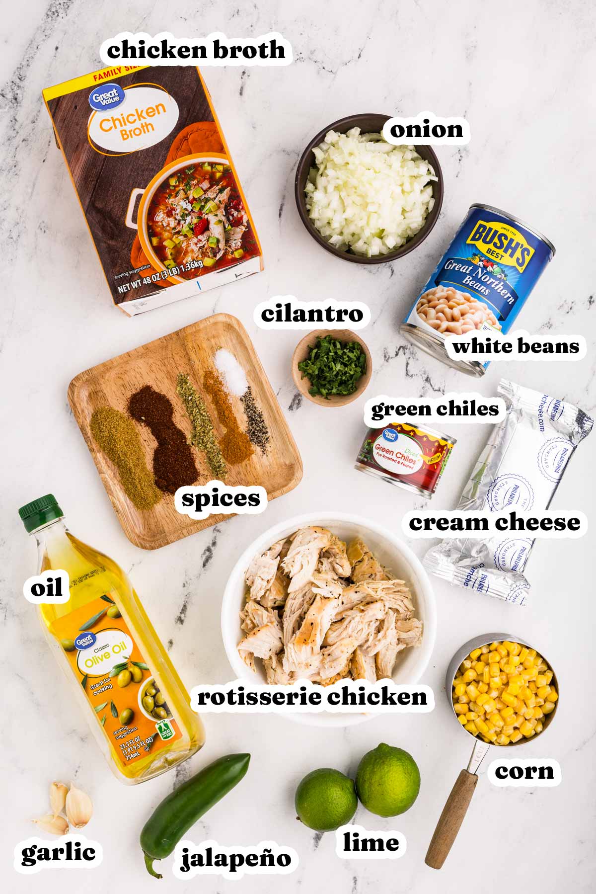 overhead view of ingredients for white chicken chili with text labels