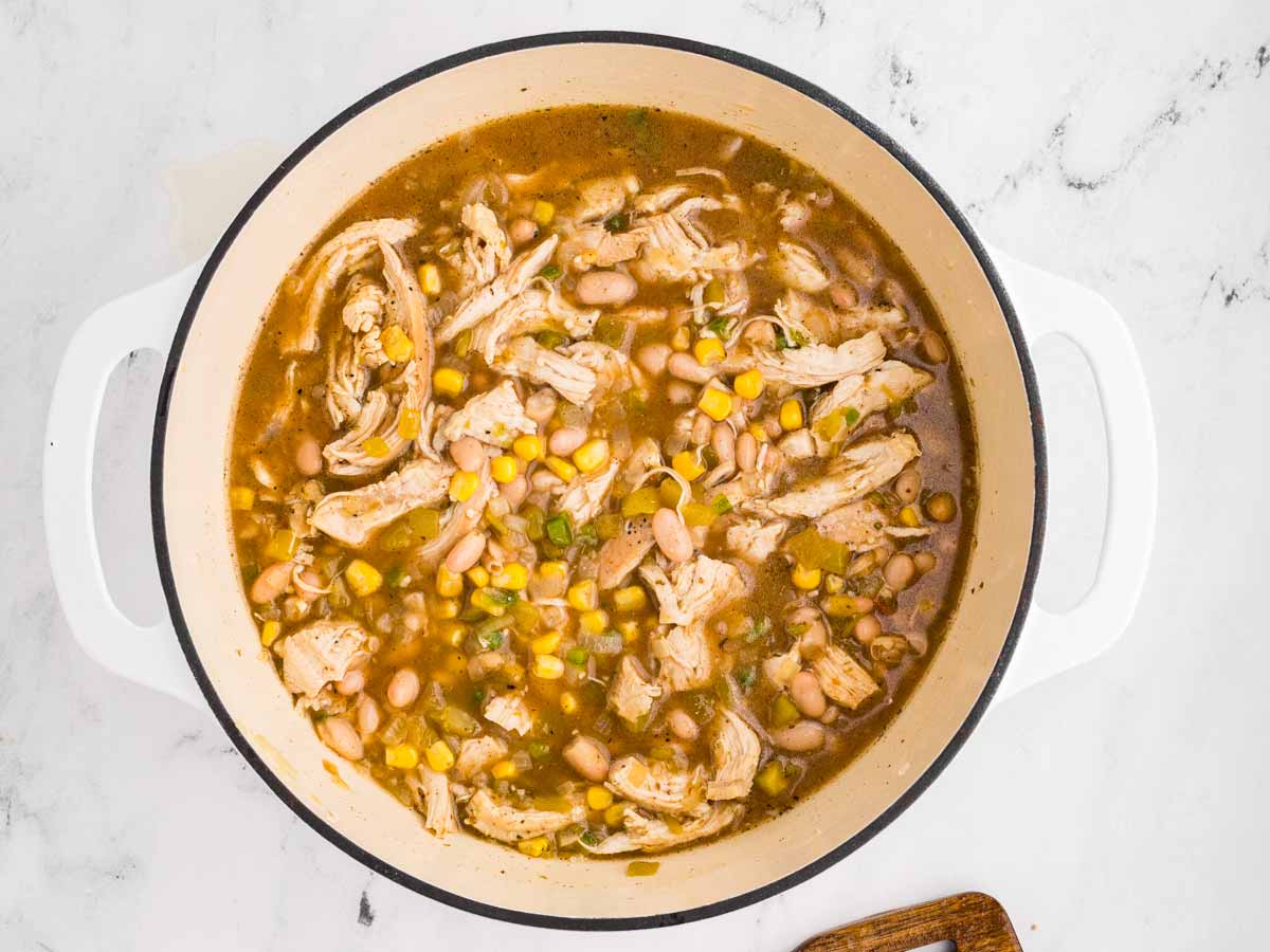 overhead view of cooked white chicken chili in pot