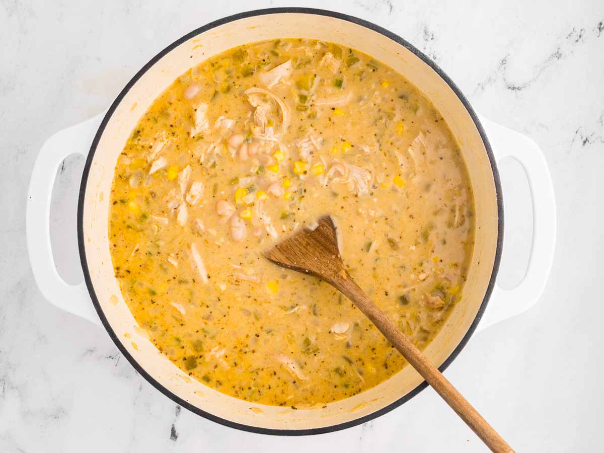 overhead view of creamy white chicken chili in pot