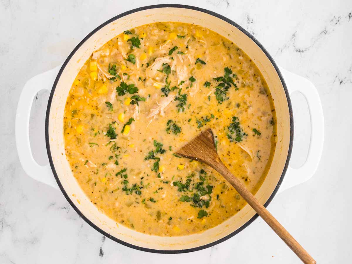 overhead view of creamy white chicken chili in pot garnished with cilantro