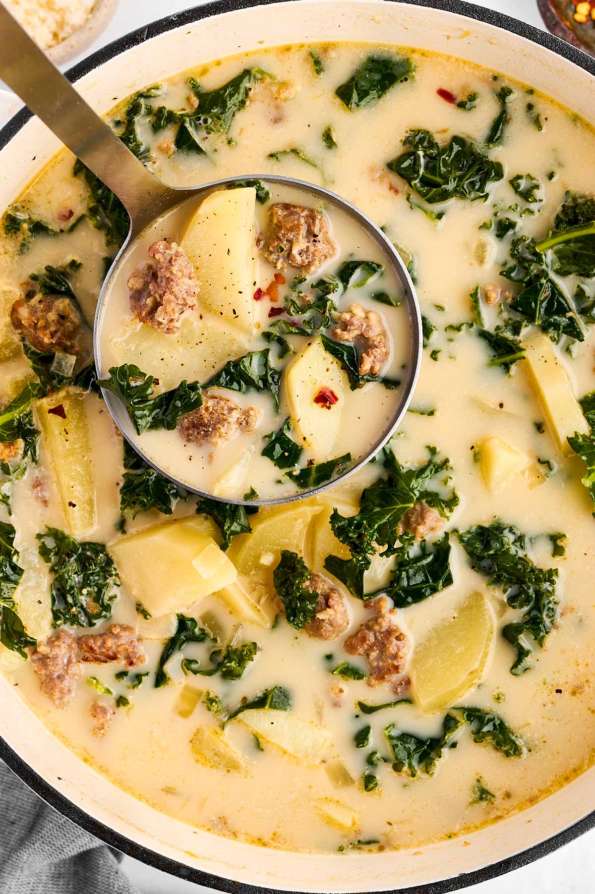 overhead view of ladle in Zuppa toscana