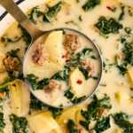 overhead view of ladle in Zuppa toscana