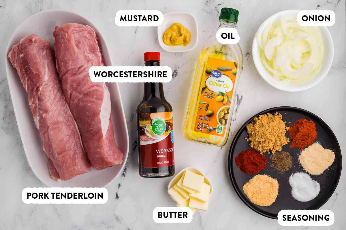 overhead view of ingredients to make baked pork tenderloin with text labels