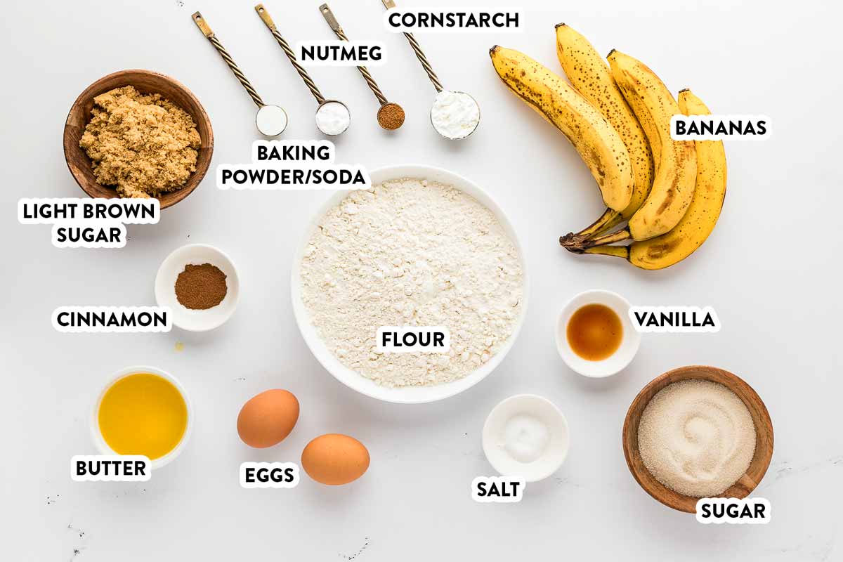 overhead view of ingredients to make banana bread with text labels