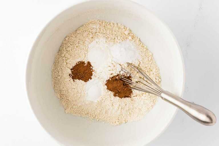 overhead view of dry ingredients for banana bread in bowl