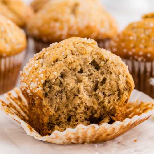 frontal view of halved banana muffin