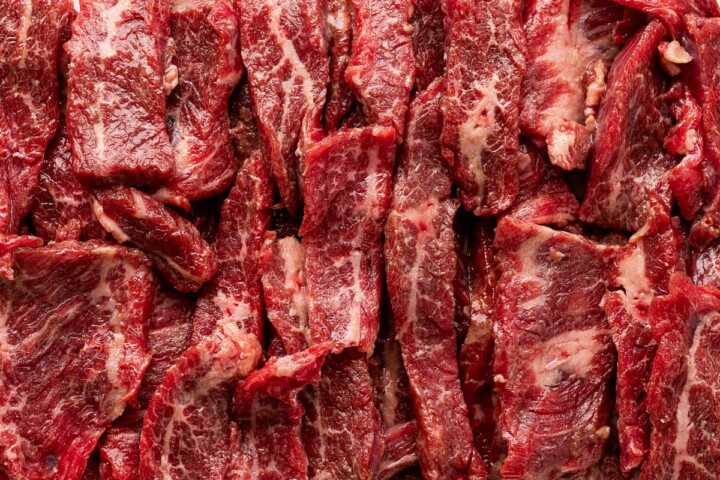 overhead close up view of flank steak strips velveting