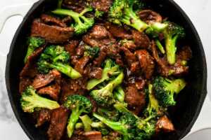 overhead view of beef and broccoli in pan