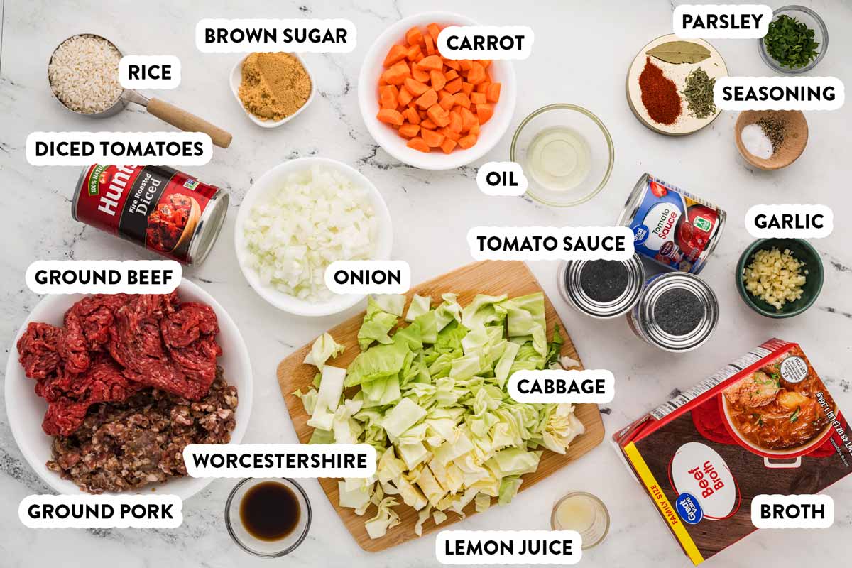 overhead view of ingredients to make cabbage roll soup with text labels