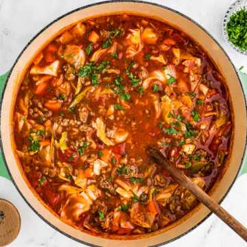 overhead view of soup pot filled with cabbage roll soup