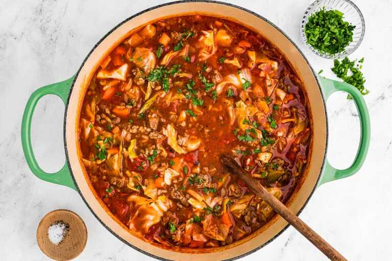 overhead view of soup pot filled with cabbage roll soup