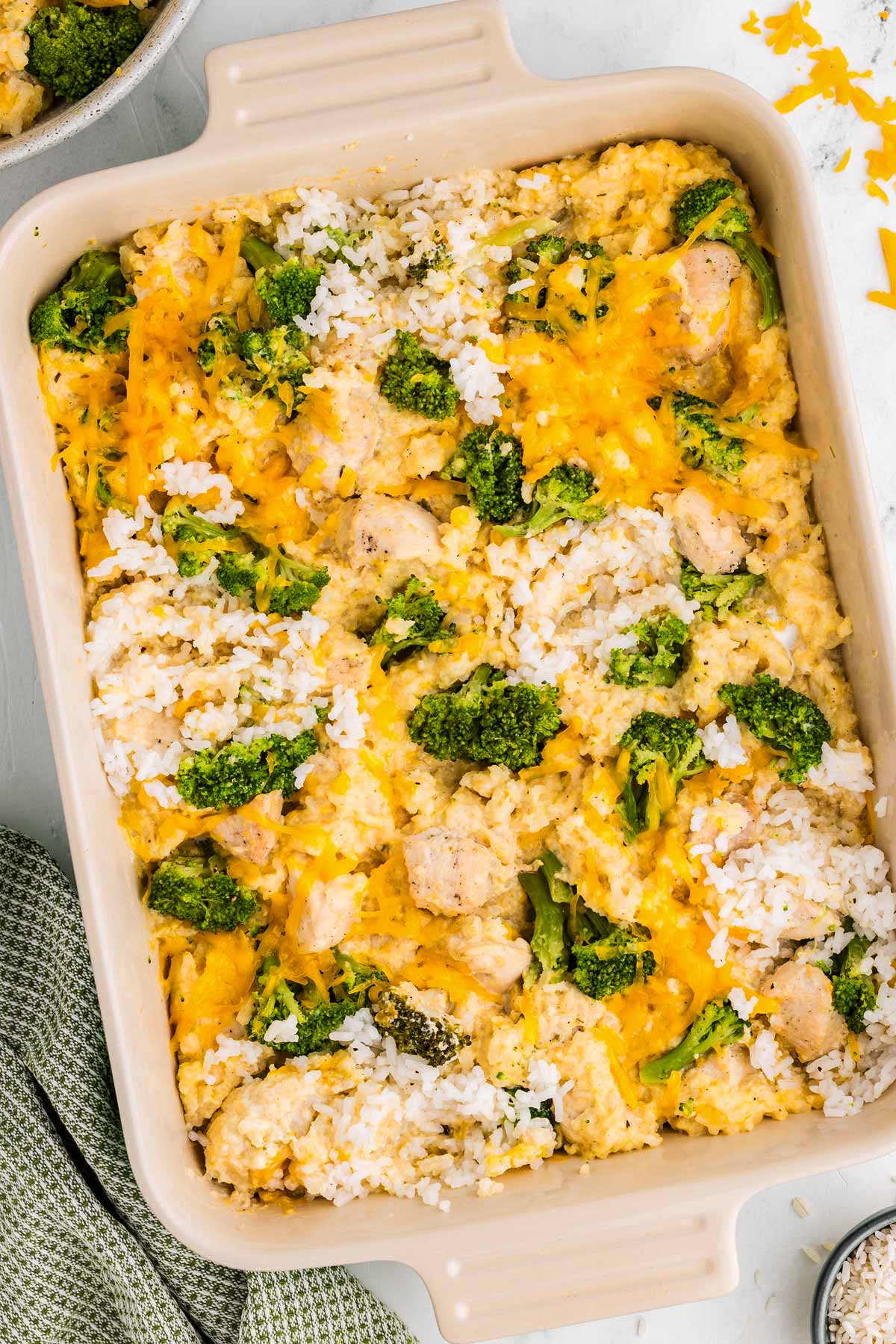 overhead view of chicken broccoli rice casserole