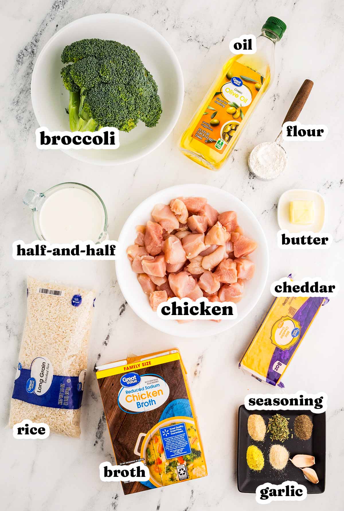 overhead view of ingredients to make broccoli chicken rice casserole with text labels