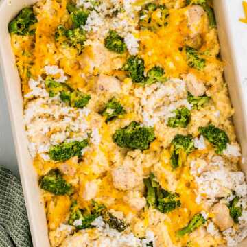 overhead view of chicken broccoli rice casserole