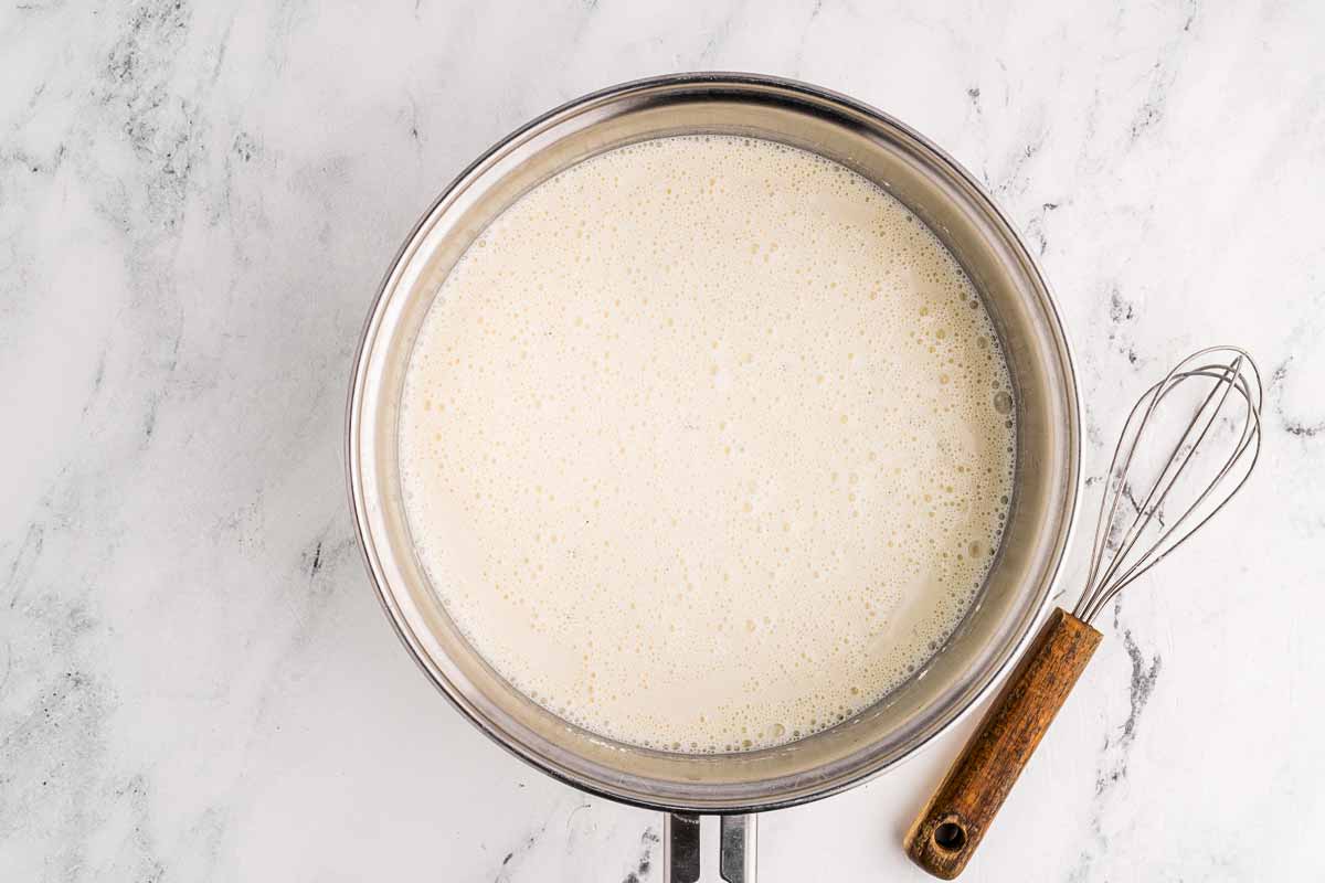 overhead view of milk in saucepan