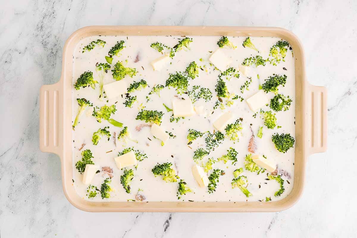 overhead view of unbaked broccoli chicken rice casserole without cheese