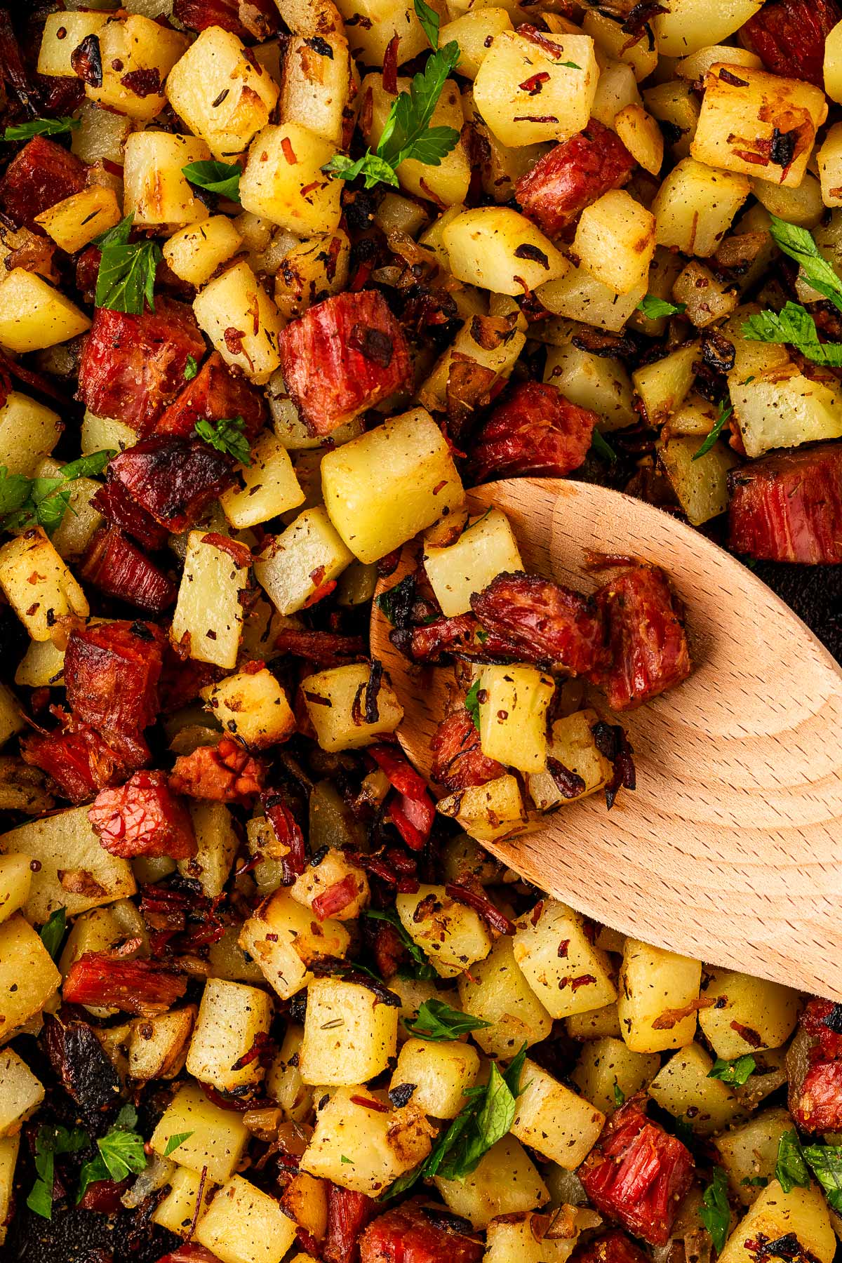 overhead close up view of corned beef hash