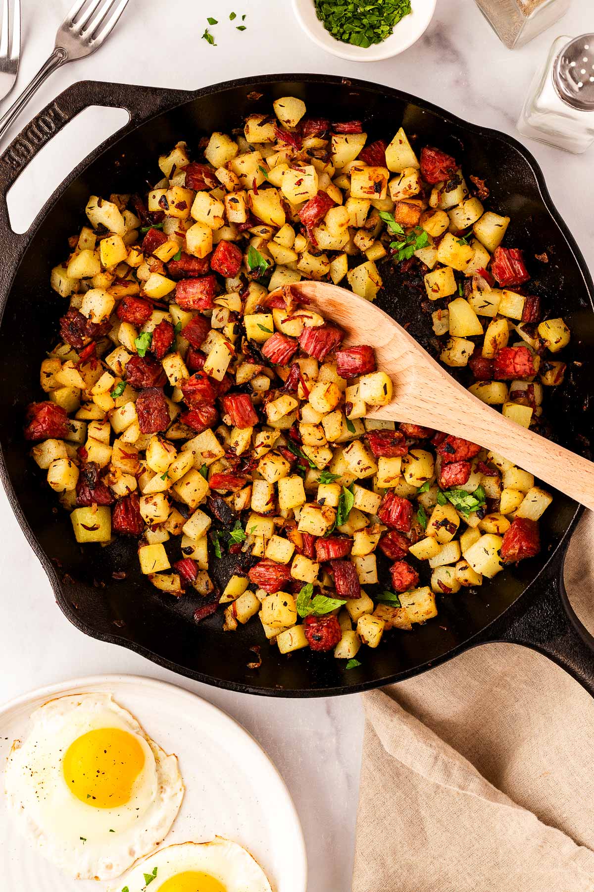 overhead view of corned beef hash in skillet