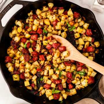 overhead view of corned beef hash in skillet